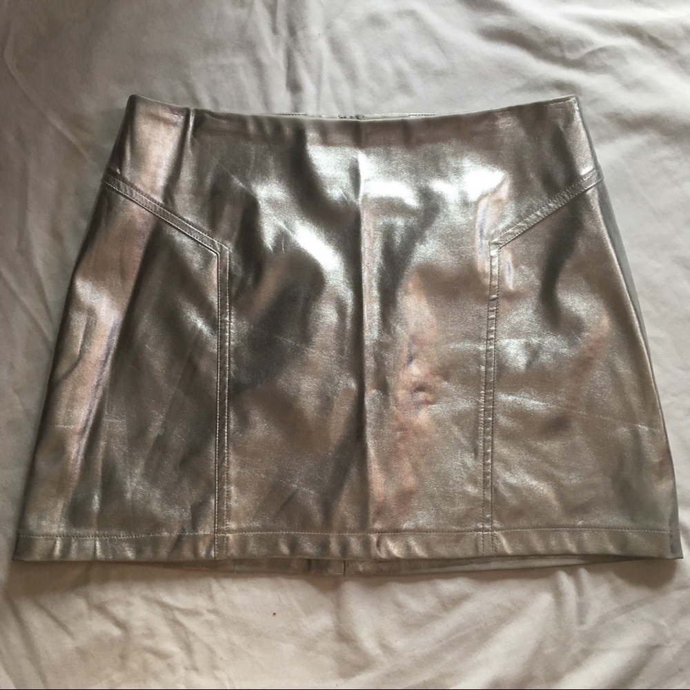 metallic silver mini skirt